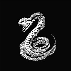 Fototapeta premium Black-and-white illustration of a coiled snake with open mouth and intricate scale details. The snake's sinuous form and sharp eyes create a bold, minimalist design for poster, tattoo or t-shirt print