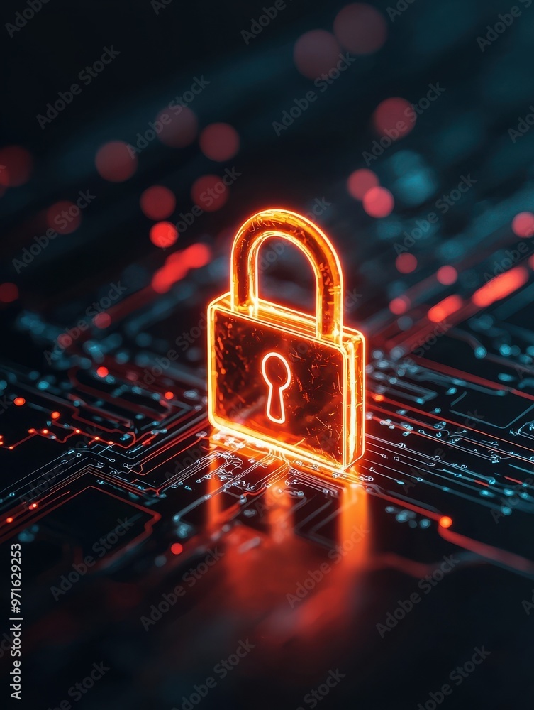 Poster a glowing digital lock symbolizing cybersecurity and data protection in a tech-inspired background.