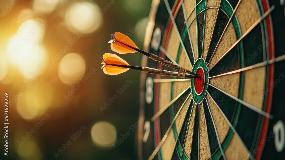 Poster dartboard with arrows hitting the bullseye, showcasing precision and focus in a competitive game set