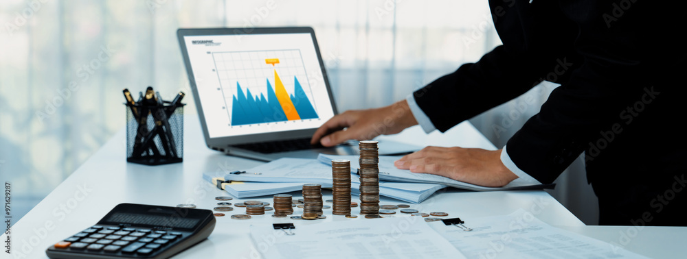 Poster business intelligence analyst use bi software on laptop to analyze financial data dashboard with gro