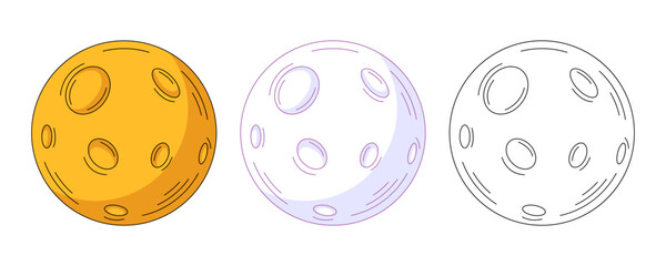 Yellow full moon, colorful and line icons set, white isolated background. Vector flat icon, monochrome purple, color, outline illustration. For logo, sticker, coloring book, label