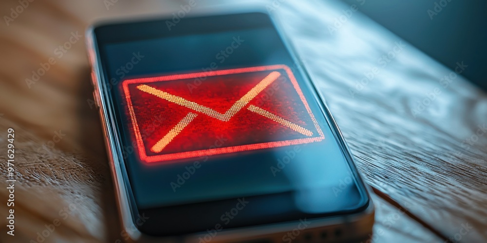 Poster a smartphone displays a glowing red notification icon resembling an envelope, symbolizing new messag