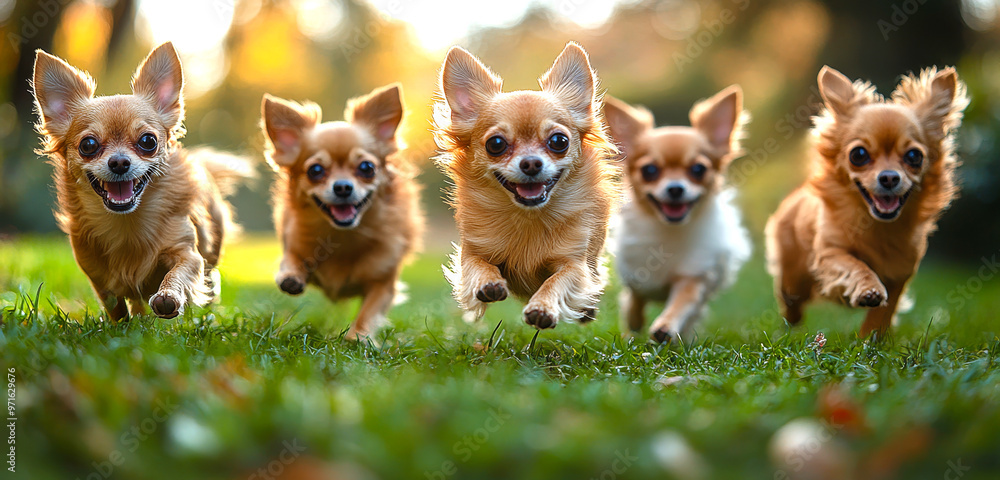 Poster a group of five small dogs running in a field. the dogs are all brown and white. they are all runnin