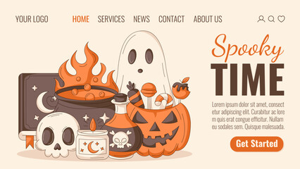 Halloween landing page vector layout. Holiday flat illustration with ghost, pumpkin, sweets, spell book, cauldron and bottle with potion, candle, skull. For website, web page, online, banner, party.