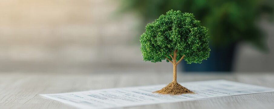 A miniature tree model sits on a document, symbolizing growth, sustainability, and environmental awareness.