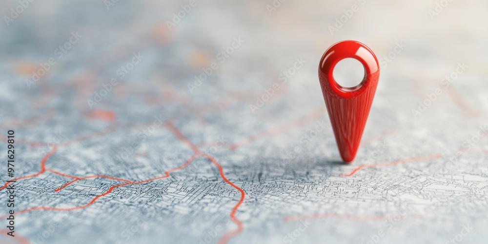 Poster red location pin placed on a detailed map, symbolizing navigation and travel.