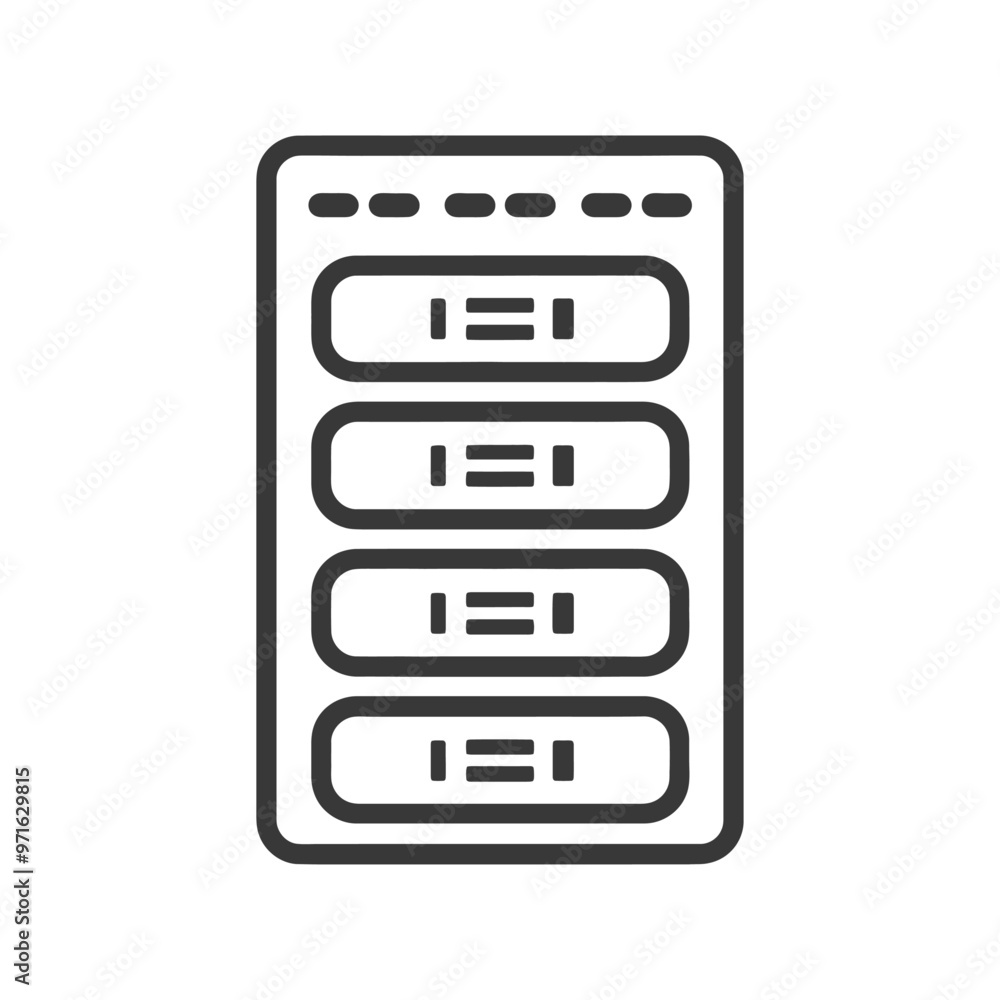 Poster black and white outline icon of a server rack with multiple servers