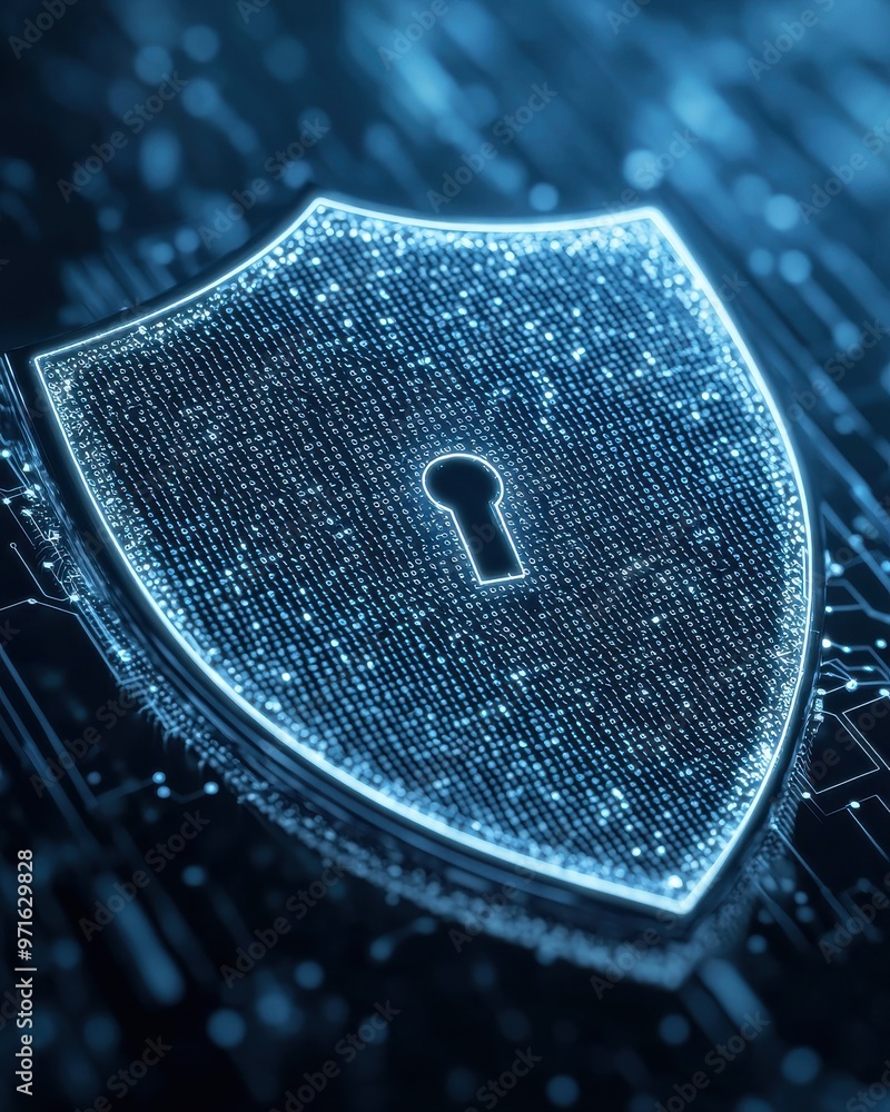 Poster digital shield symbolizing cybersecurity, showcasing a glowing padlock against a high-tech backgroun
