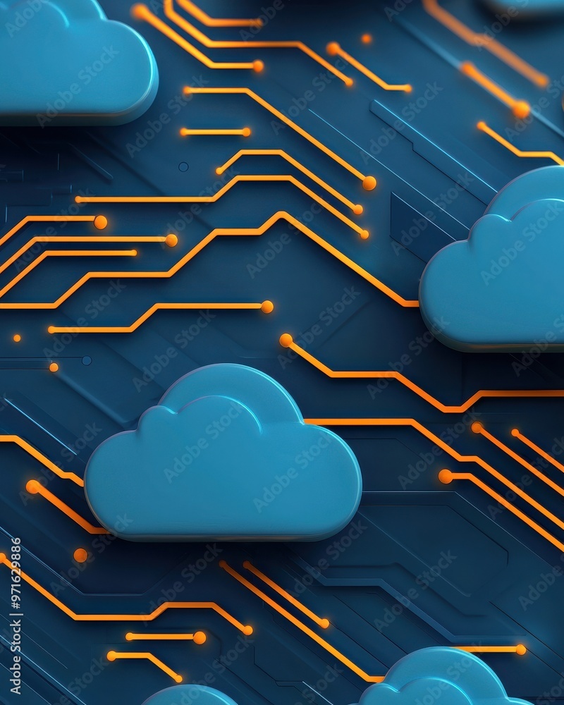 Aufkleber abstract digital cloud computing graphic with circuits and blue clouds on a dark background, represe
