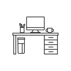 Black and White Outline Illustration of a Desk with a Computer Cup Pencil Holder and Trash Can