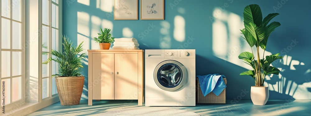 Sticker Bright laundry room with modern washing machine, plants, and natural light creating a serene atmosphere in a cozy home setting