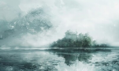 Obraz premium A painting of a lake with a mountain in the background