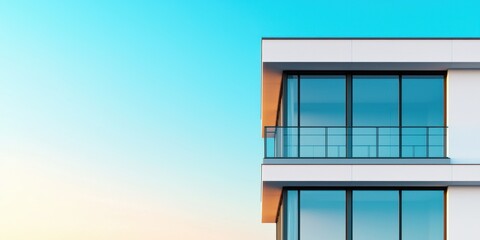 Modern architecture featuring a sleek building facade with large windows and a balcony against a serene blue sky.