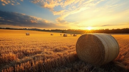 A serene sunset over a golden field with hay bales scattered across the landscape.