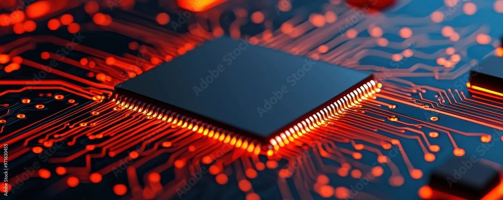 Poster modern microchip on a circuit board, illuminated with vibrant red light, showcasing intricate detail