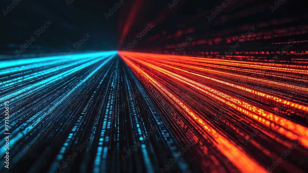 Poster dynamic digital light trails in blue and red create a vibrant background, symbolizing technology and