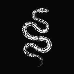 Hand drawn illustration of a editable white coiled snake isolated on black background. Dark poster with sketch of reptile as a decorative element for t-shirt design, tattoo idea, print. 