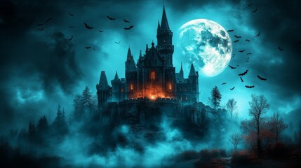 Spooky old medieval castle: Ancient eerie castle on mountain, swarm of bats and full moon behind. Halloween, horror, fairytale background concept.	