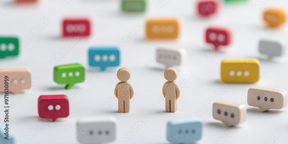 Poster stylized figures standing among colorful speech bubbles, symbolizing communication and interaction i