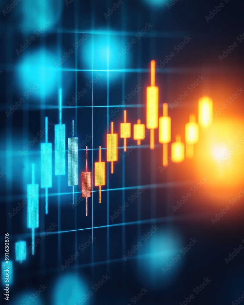 Poster dynamic stock market graph displaying rising trends in financial data with vibrant colors and modern
