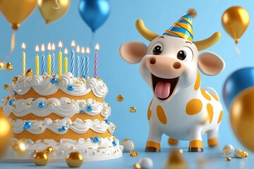 Fototapeta premium A playful 3D cow wearing a birthday hat, tongue out, and standing beside a giant birthday cake with candles