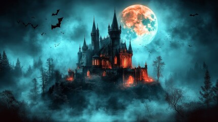 Spooky old medieval castle: Ancient eerie castle on mountain, swarm of bats and full moon behind. Halloween, horror, fairytale background concept.	