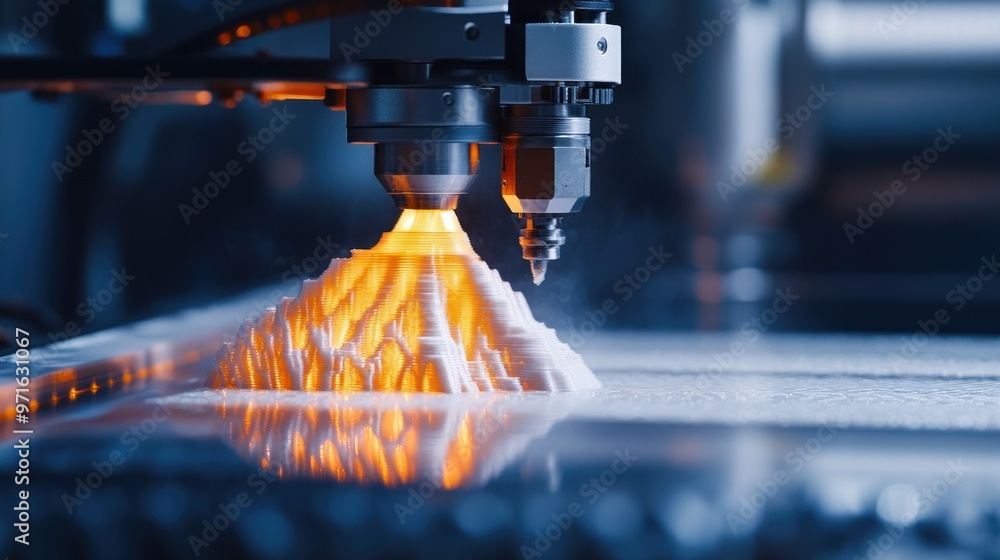Poster a close-up of a 3d printer creating a detailed object with molten material.