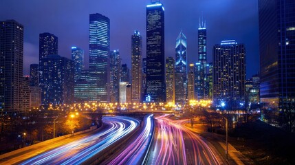 A vibrant city skyline at night with light trails from traffic.