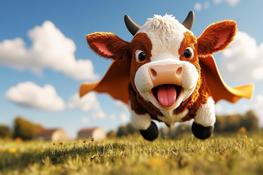 A playful 3D cow wearing a superhero cape, tongue out, and pretending to fly over the farm in a fun, heroic pose