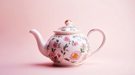 A decorative floral teapot on a soft pink background, ideal for serving tea.