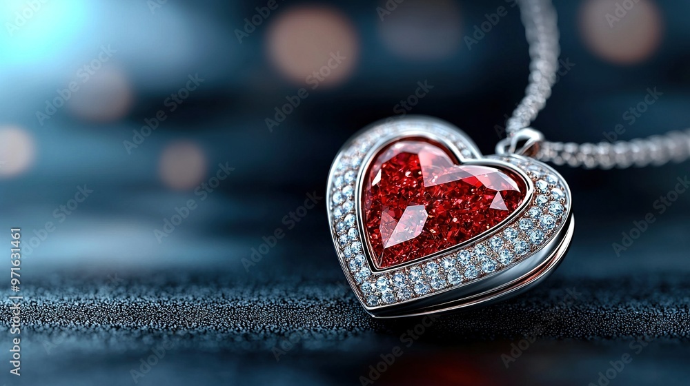Poster close-up of a heart-shaped pendant on a chain with a hazy background of lights