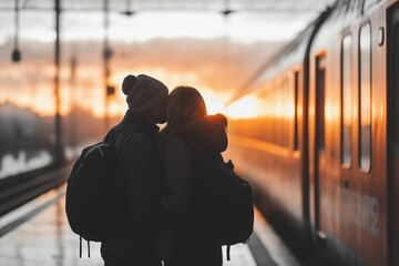 Couple sharing a kiss at a train station during sunset in winter
