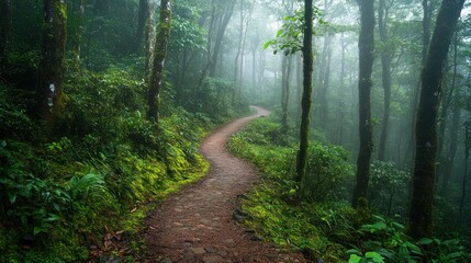 Obraz premium A serene forest path winding through misty trees, inviting exploration and tranquility.
