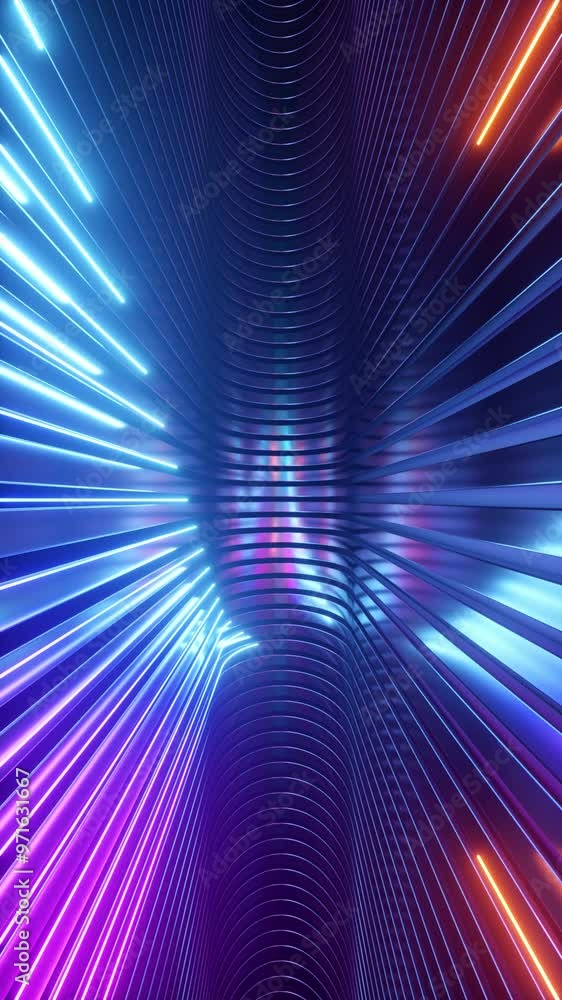 Poster endless 3d animation. bright neon lines slide down the metallic ceiling walls and floor. abstract ir