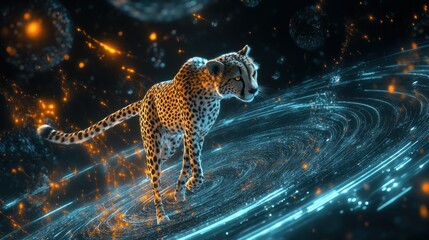 A cheetah walks through a cosmic landscape, blending nature with a futuristic digital aesthetic.