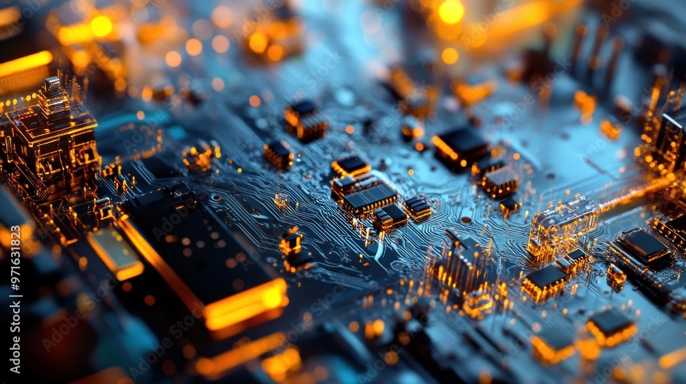 Poster a close-up of a circuit board showcasing intricate electronic components and connections.