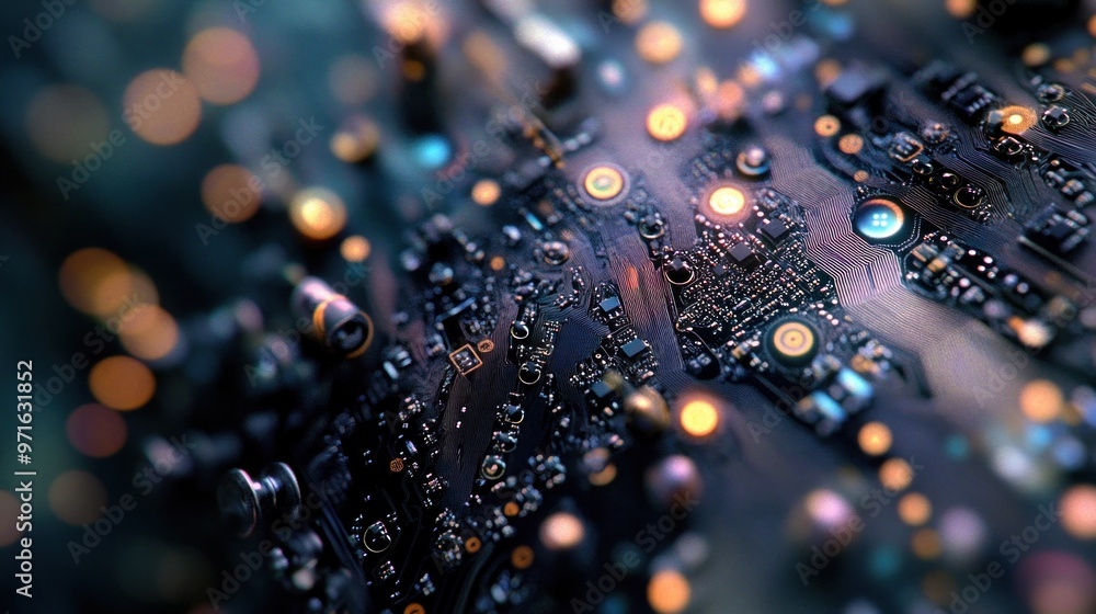 Poster abstract close-up of a circuit board with glowing lights and intricate details.