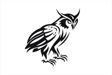 Owl mascot silhouette, side view, with smooth lines and a modern, playful design, black on a white background.