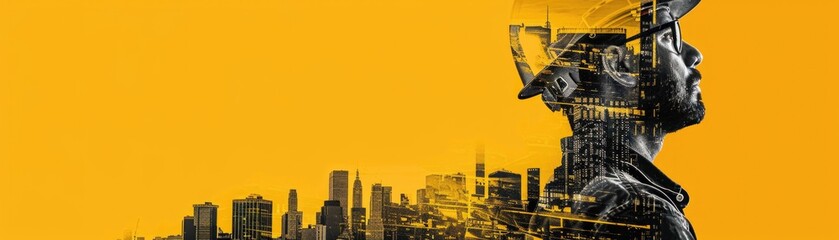 Urban innovation concept: engineer in helmet with cityscape double exposure AI