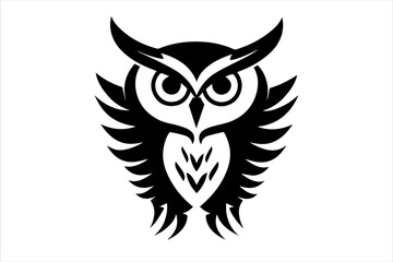 Owl outline illustration, front view, with wide spread wings, designed as a bold vector silhouette
