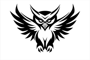 Owl mascot silhouette, outline, front view, with wings fully spread, featuring bold lines and a dynamic, stylized design.