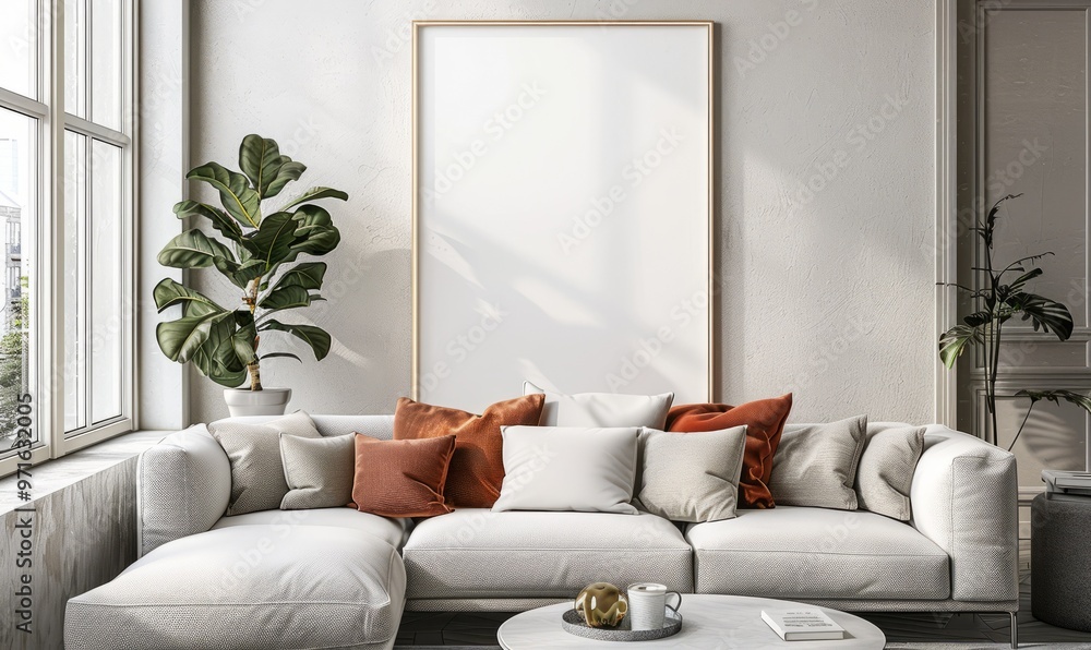 Wall mural Frame mockup, ISO A paper size. Living room wall poster mockup. Interior mockup with house background. Modern interior design.