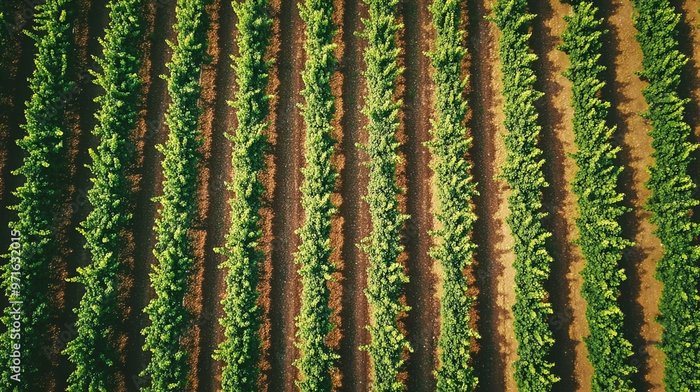 Poster an aerial view of neatly planted rows of crops, creating a geometric pattern.