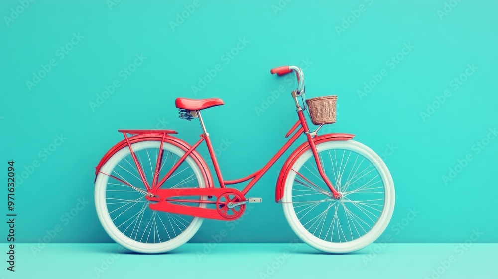 Canvas Prints A vibrant red bicycle with a basket against a turquoise background.