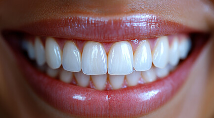 Fototapeta premium A woman's mouth is shown with her teeth showing. The teeth are white and clean, and the woman has a bright smile. Concept of happiness and positivity, as the woman's smile is infectious and inviting