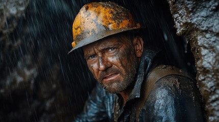 Obraz premium A weary miner covered in mud, wearing a hard hat, looks intensely at the camera amidst rain.