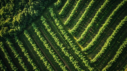 Fototapeta premium Aerial view of a lush green vineyard, rows of vines stretching out in a geometric pattern.