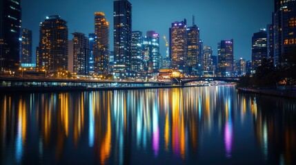 Obraz premium Nighttime cityscape reflecting on water with vibrant lights and skyscrapers.