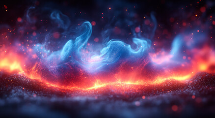 Obraz premium A blue and red fire with smoke and sparks. The fire is in the sky and it looks like it's coming from a spaceship