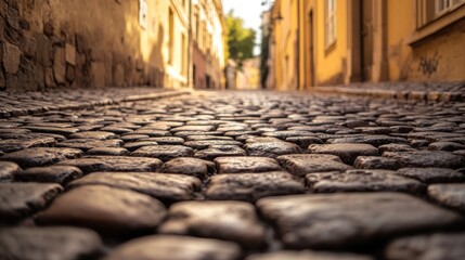 A cobblestone street bathed in warm light, leading through a quaint town.